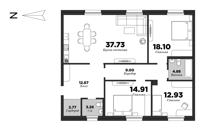 NEVA HAUS, Корпус 1, 3 спальни, 116.25 м² | планировка элитных квартир Санкт-Петербурга | М16